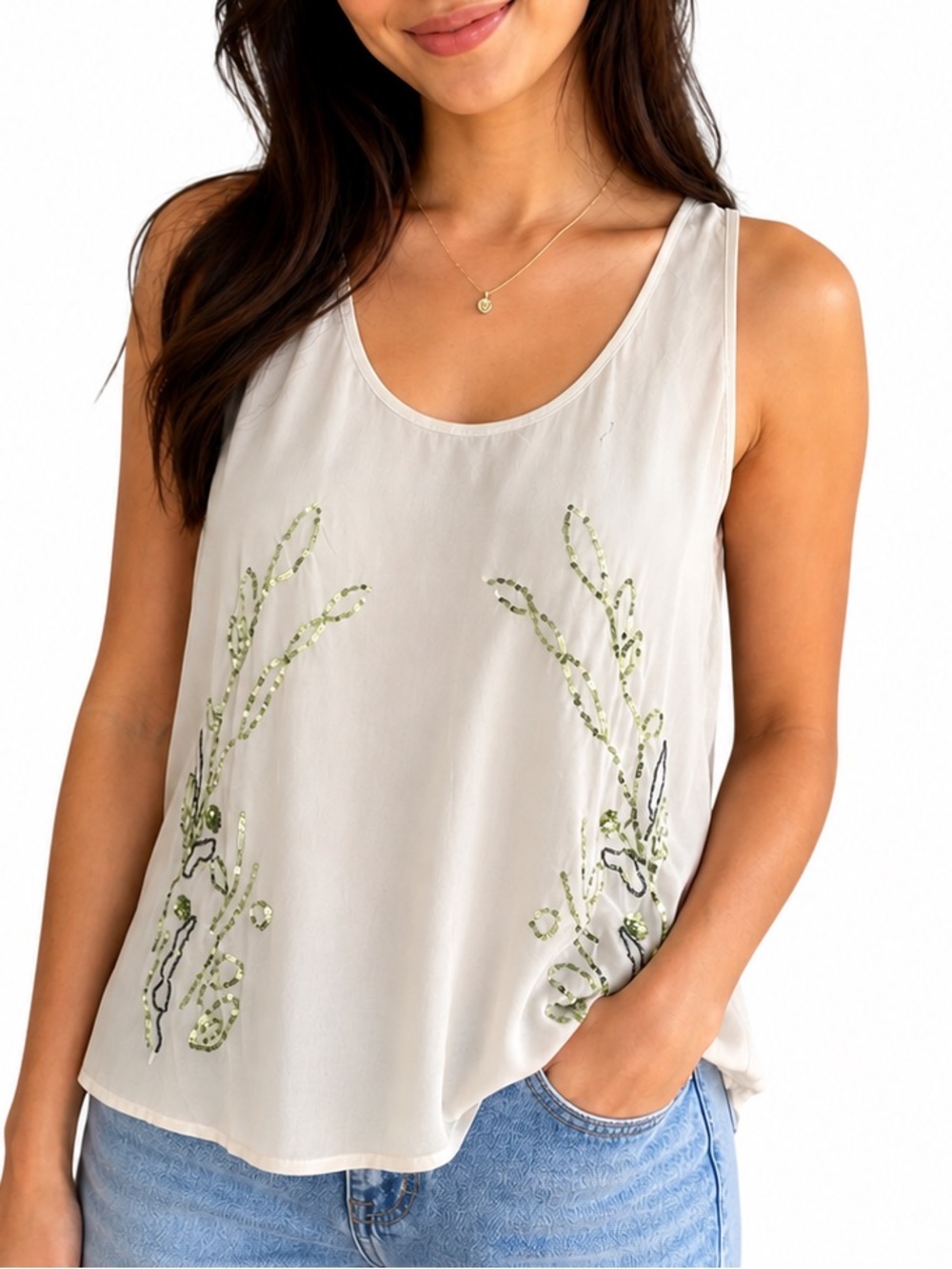 H098. NWT Aratta
%100 Silk Long Flowy Button Tan Embellished Flowy Tank Top $198